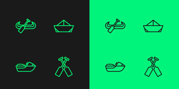 设置线交叉桨或桨船，水上摩托艇，皮艇和折叠纸图标。向量图片下载