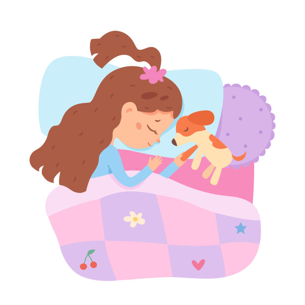 可爱的女孩睡着了，俯视图睡着的孩子和狗躺在柔软的枕头下毯子图片下载