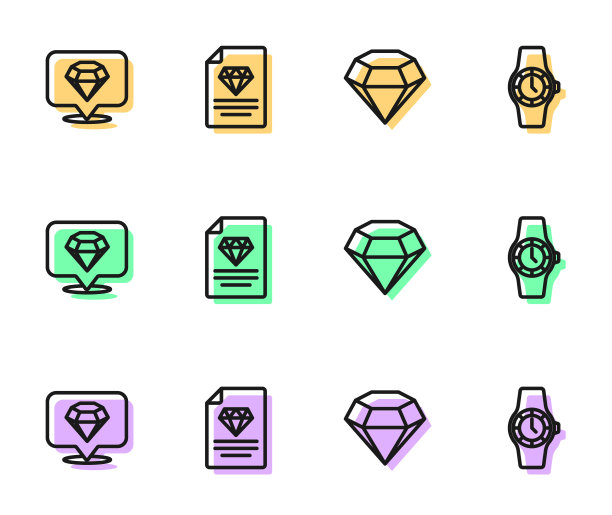 设置线钻石，钻石证书和腕表图标。向量图片下载