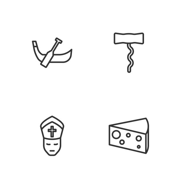 设置线奶酪，教皇，贡多拉船和葡萄酒开瓶器图标。向量图片下载