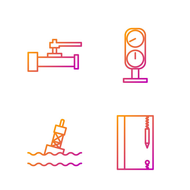 成套产品:水下笔记本、铅笔、海上浮筒、工业金属管道、阀门、压力表。渐变颜色图标。向量图片下载