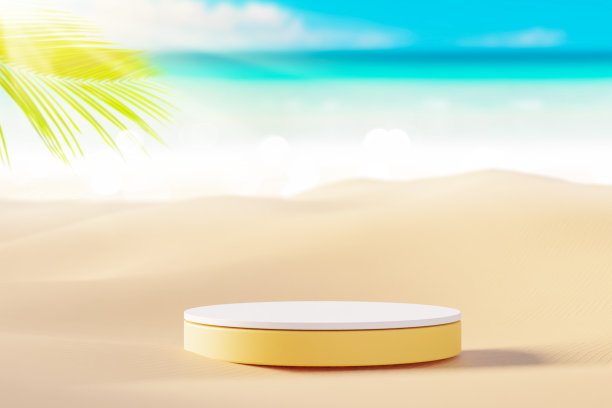 3d黄色讲台与复制空间的产品展示呈现在棕榈滩和蓝天抽象的背景。热带夏季和度假概念。平面艺术设计。图片下载