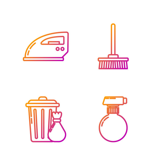 设有清洗液喷雾瓶、垃圾桶、垃圾袋、电熨斗、拖把等清洁生产线。渐变颜色图标。向量图片下载