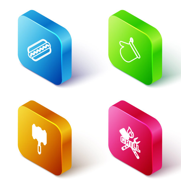 设置等距线热狗三明治，烤箱手套，烧烤钢网格和交叉叉铲图标。向量图片下载