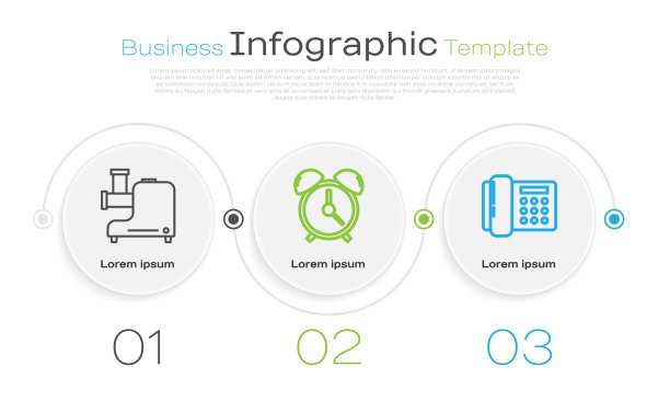 设有厨房绞肉机、闹钟、电话。业务信息图表模板。向量图片下载