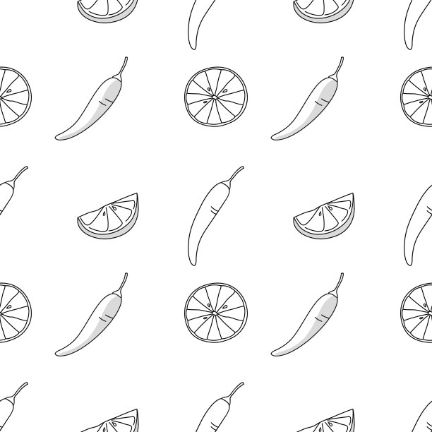 无缝图案与切片青柠和辣椒，轮廓手绘。图片下载
