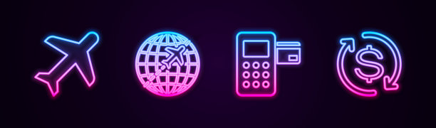 设有直线飞机、带飞行飞机的环球飞机、Pos终端和投资回报。发光的霓虹灯图标。向量图片下载