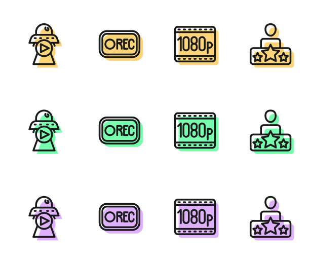 设置线全高清1080p，科幻，记录按钮和演员明星图标。向量图片下载