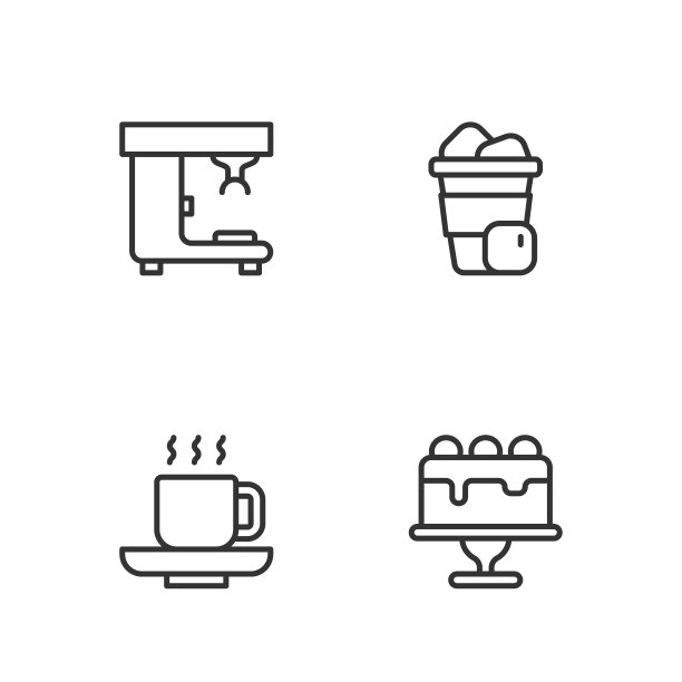 设置线蛋糕，咖啡杯，机器和冰咖啡图标。向量图片下载