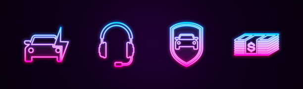 电动汽车，带麦克风的耳机，汽车保护或保险，纸币现金。发光的霓虹灯图标。向量图片下载