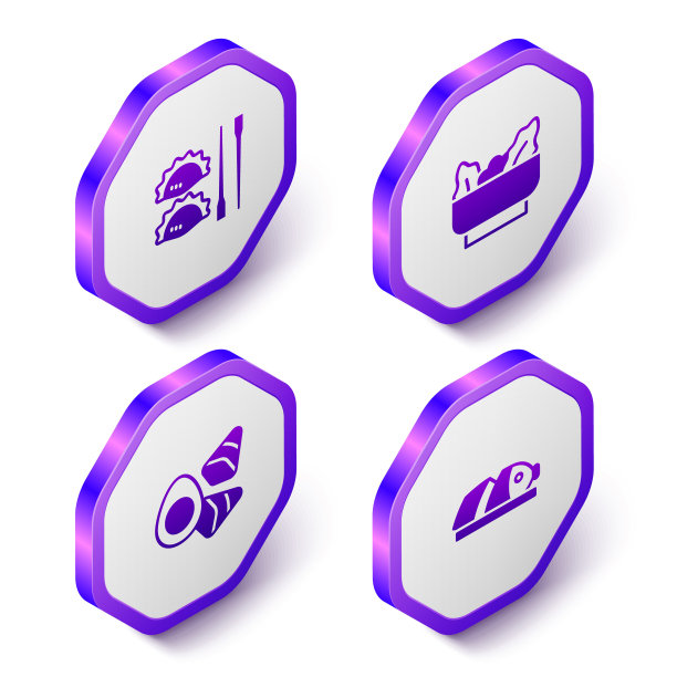 设置等长筷子饺子，馄饨，鸡蛋，蔬菜和鱼切片图标。紫色六边形按钮。向量图片下载