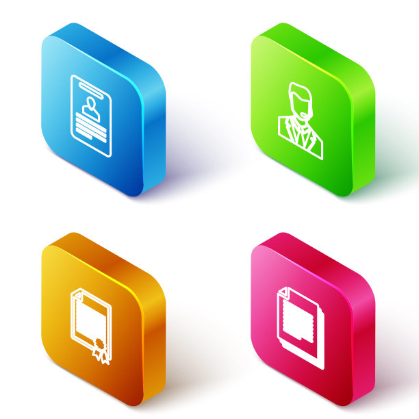 设置等距线识别徽章，带耳机的人，证书模板和文件图标。向量图片下载