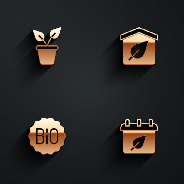 集植物在锅，生态友好的房子，横幅为生物和日历与秋叶图标长阴影。向量图片下载