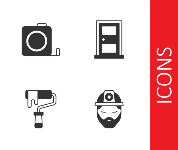 集生成器，轮盘赌建设，油漆辊刷和关闭的门图标。向量图片下载