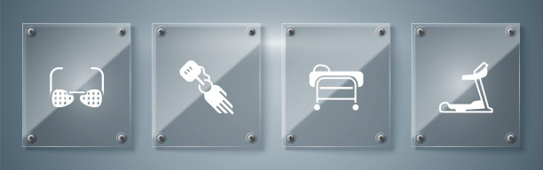 安装跑步机、担架、义肢、盲眼眼镜。方形玻璃板。向量图片下载