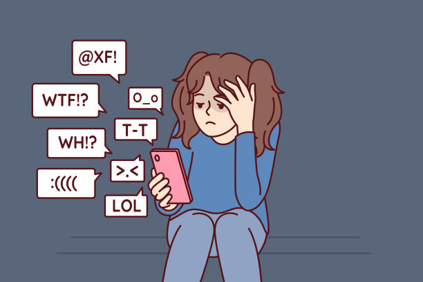有手机的小女孩在社交网络上遭受欺凌和愤怒的评论图片下载