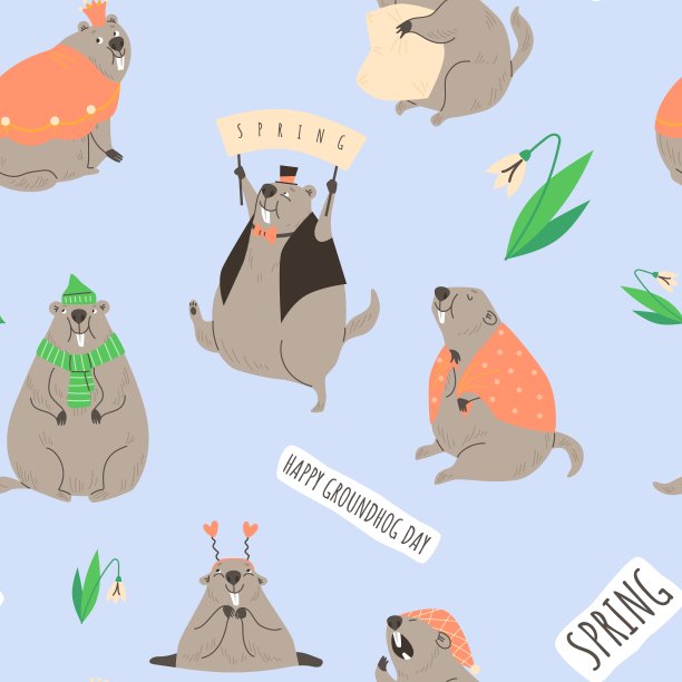 无缝图案与滑稽滑稽土拨鼠在不同的服装扁平风格图片下载