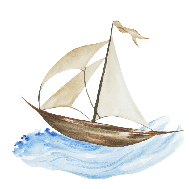 以海洋为主题的水彩画构图。波浪上的帆船。手绘的。图片下载