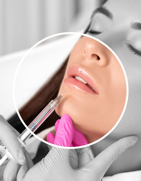 皮肤美丽干净的女人。美容师给美女注射丰唇和鼻唇褶皱抗皱。美容院的女性美容。图片下载