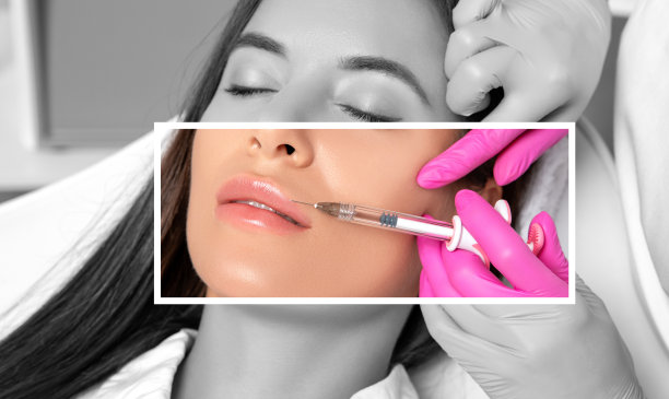 皮肤美丽干净的女人。美容师为美女做丰唇和抗皱注射。美容院的女性美容。图片下载