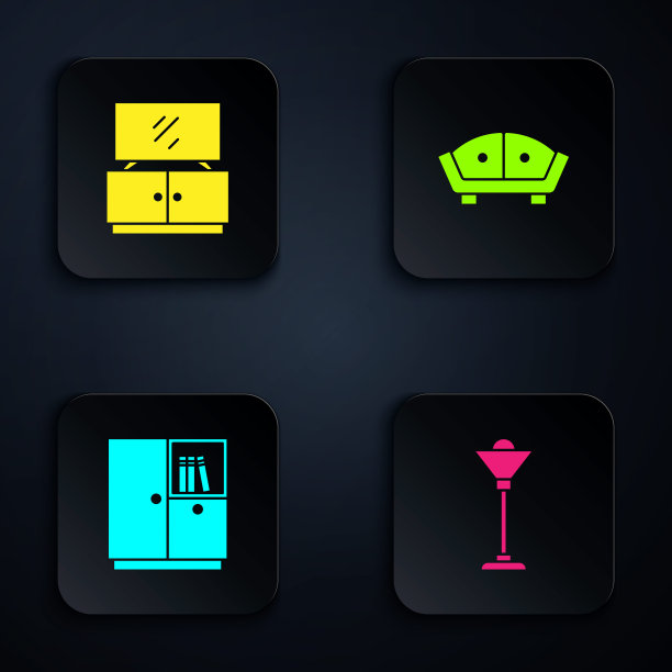 设置落地灯，电视桌架，衣柜和沙发。黑色方形按钮。向量图片下载