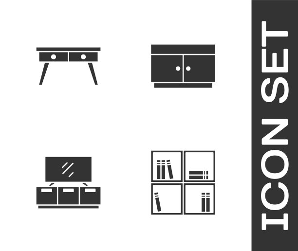 集书架与书籍，办公桌，电视桌的立场和抽屉柜的图标。向量图片下载