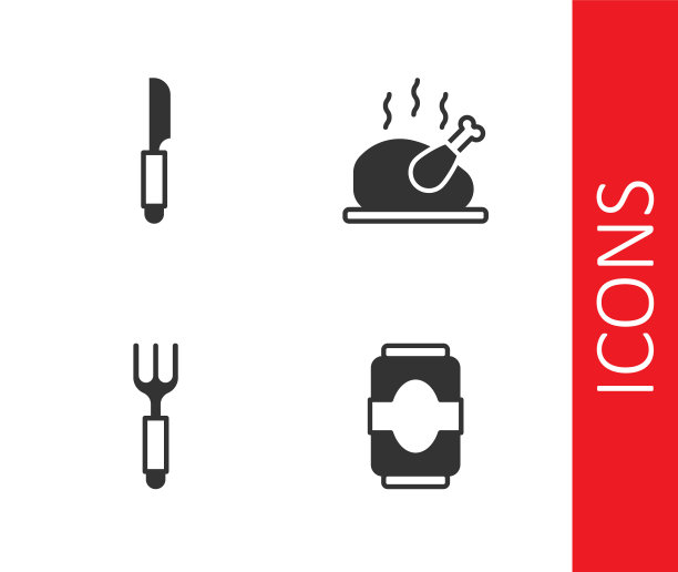 集汽水罐，刀，叉和烤火鸡图标。向量图片下载