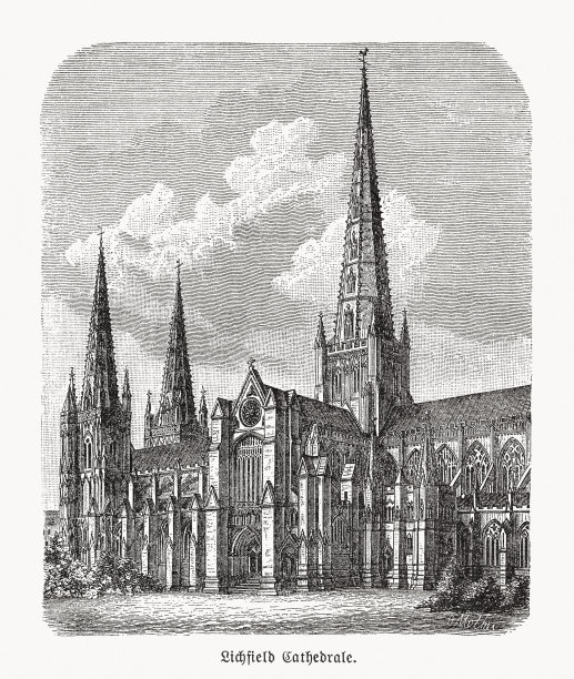 利奇菲尔德大教堂，斯塔福德郡，英格兰，木刻，1893年出版图片下载