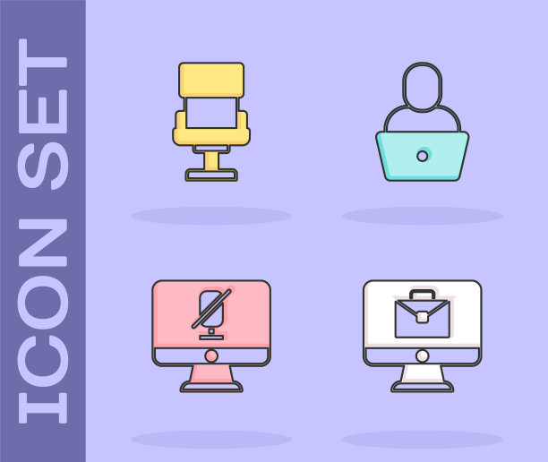 设置在线工作，办公椅，电脑静音麦克风和自由职业者图标。向量图片下载