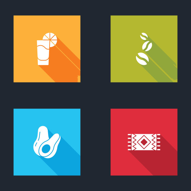龙舌兰酒杯与柠檬，咖啡豆，鳄梨水果和墨西哥地毯图标。向量图片下载