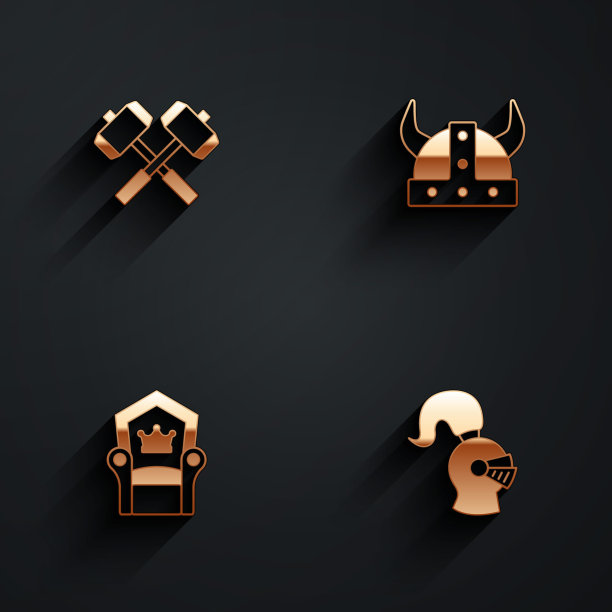 十字战锤，维京人在角盔，中世纪的宝座和长阴影的图标。向量图片下载