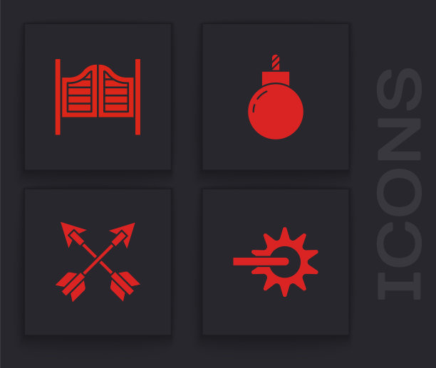 设置马刺，沙龙门，炸弹准备爆炸和交叉箭头图标。向量图片下载