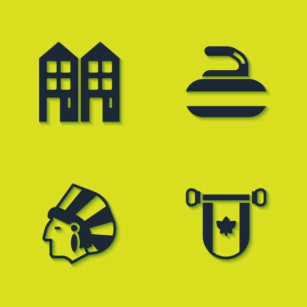 集房子，加拿大的三角旗，美洲土著印第安人和石头为冰壶图标。向量图片下载