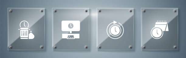 设置日历和时钟，时钟与箭头，智能电视的时间和浪费。方形玻璃板。向量图片下载