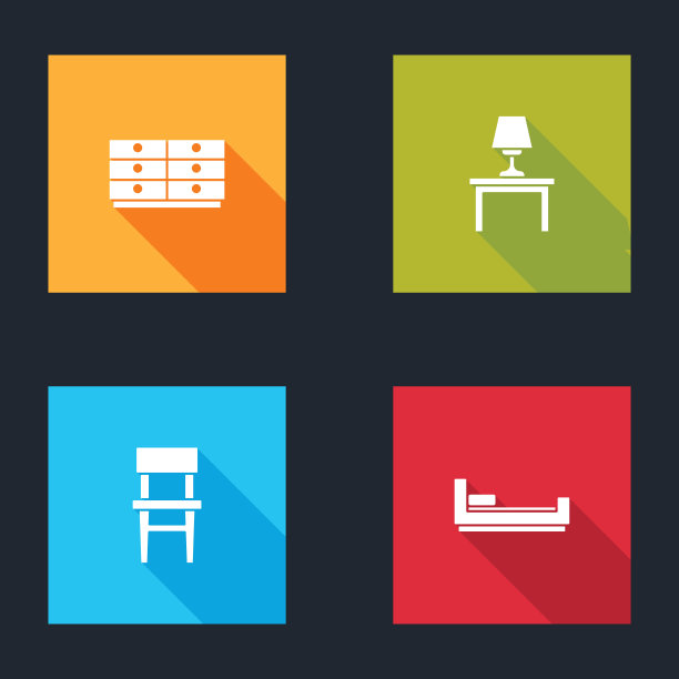 设置抽屉柜，桌子上的台灯，椅子和床的图标。向量图片下载