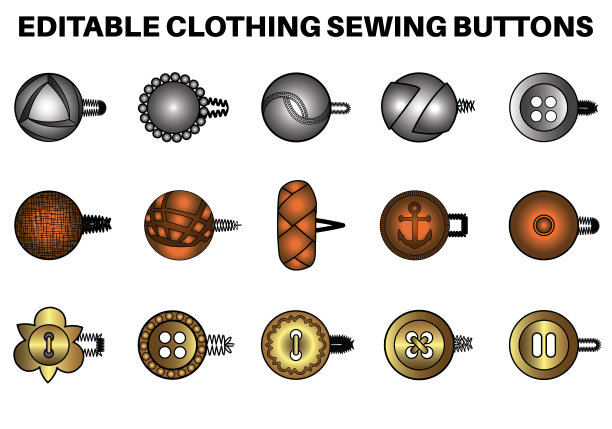 金属按钮平面草图矢量插图集，不同类型的衬衫按钮，柄按钮，平面按钮和装饰按钮紧固件，礼服服装，牛仔裤，服装和配件图片下载