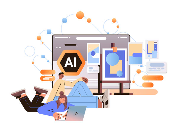 人们的设计师工作在图形应用程序与人工智能助手机器人图像字幕的概念水平图片下载