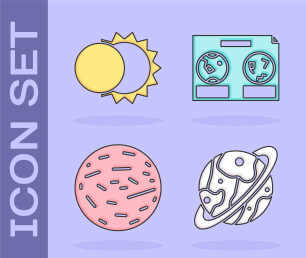 集行星土星，日食的太阳，行星金星和天体地图的夜空图标。向量图片下载