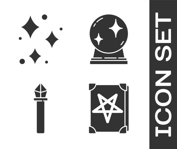 集古老的魔法书，闪烁的星星与魔法闪闪发光，魔法手杖和魔法球的图标。向量图片下载
