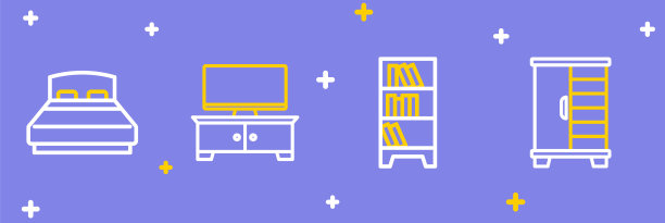 设置线衣柜，挂灯，电视桌架和大床图标。向量图片下载