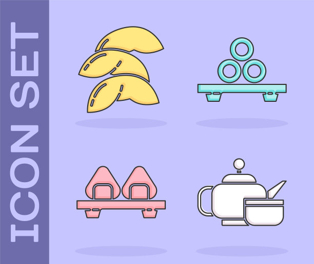 集日本茶道，中国幸运饼干，寿司在砧板和寿司在砧板上的图标。向量图片下载