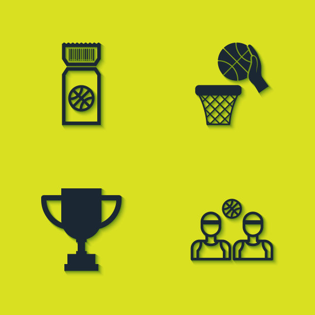 设置篮球比赛门票，球员，奖杯和篮筐图标。向量图片下载