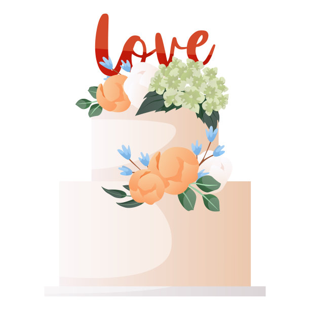 婚礼两层白色蛋糕，上面有鲜花、树叶和爱情的标志图片下载