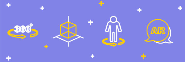 设置线增强现实AR, 3d建模和360度视图图标。向量图片下载