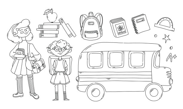 返校学生和校车的黑色轮廓元素设置隔离为着色页图片下载
