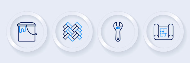 设置线房屋平面图，可调扳手，拼花地板和油漆桶图标。向量图片下载