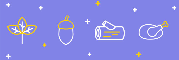 设定线烤火鸡或鸡，原木，橡实和冬季帽子图标。向量图片下载