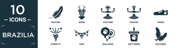 填充巴西图标集。包含扁平羽毛，比基尼，服装，舞者，鞋子，五彩纸屑，借，气球，软饮料，羽毛图标在可编辑的格式。图片下载
