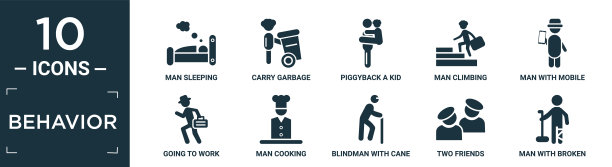 填充行为图标集。有平男人睡觉，扛垃圾，背着小孩，男人爬山，男人拿手机，上班，做饭，盲人拿拐杖，两个朋友，断了腿。图片下载