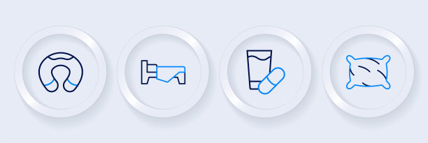 设置线枕头，安眠药，床和旅行颈枕图标。向量图片下载